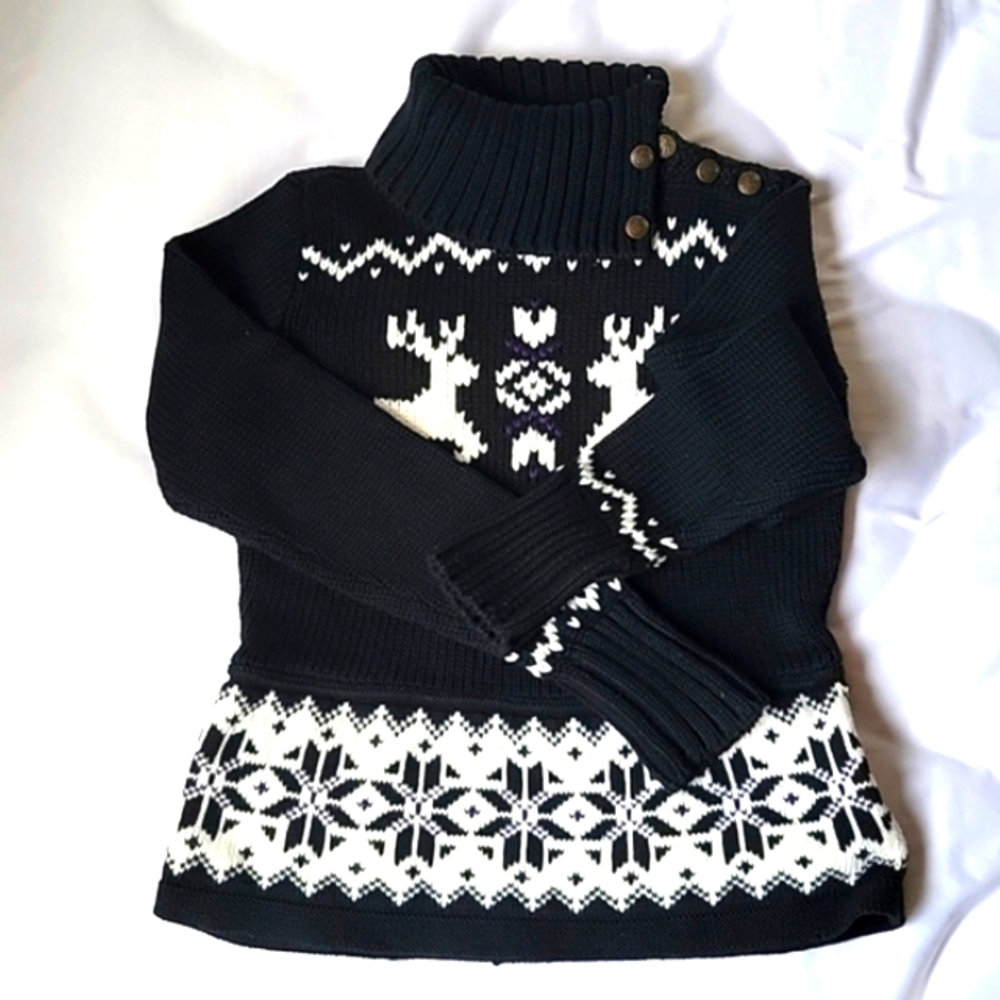 ⭐️RALPH LAUREN Rare Button Foldover Neck Fair Isle Raindeer Winter Cozy Sweater